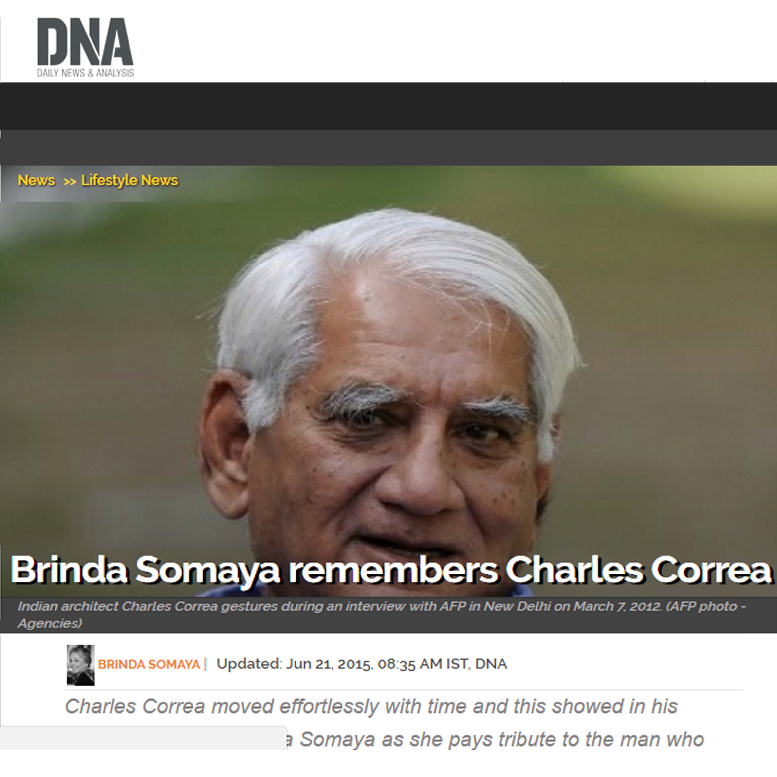 Brinda Somaya remembers Charles Correa, DNA Daily News and Analysis, 21st June 2015